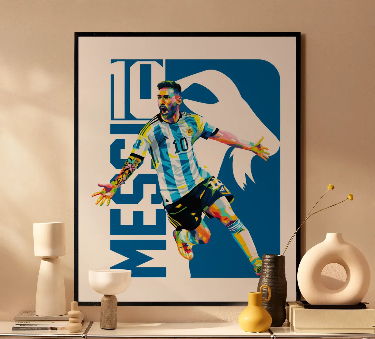 Lionel Messi celebra la Coppa del Mondo poster con telaio in legno da WPAP MALANG