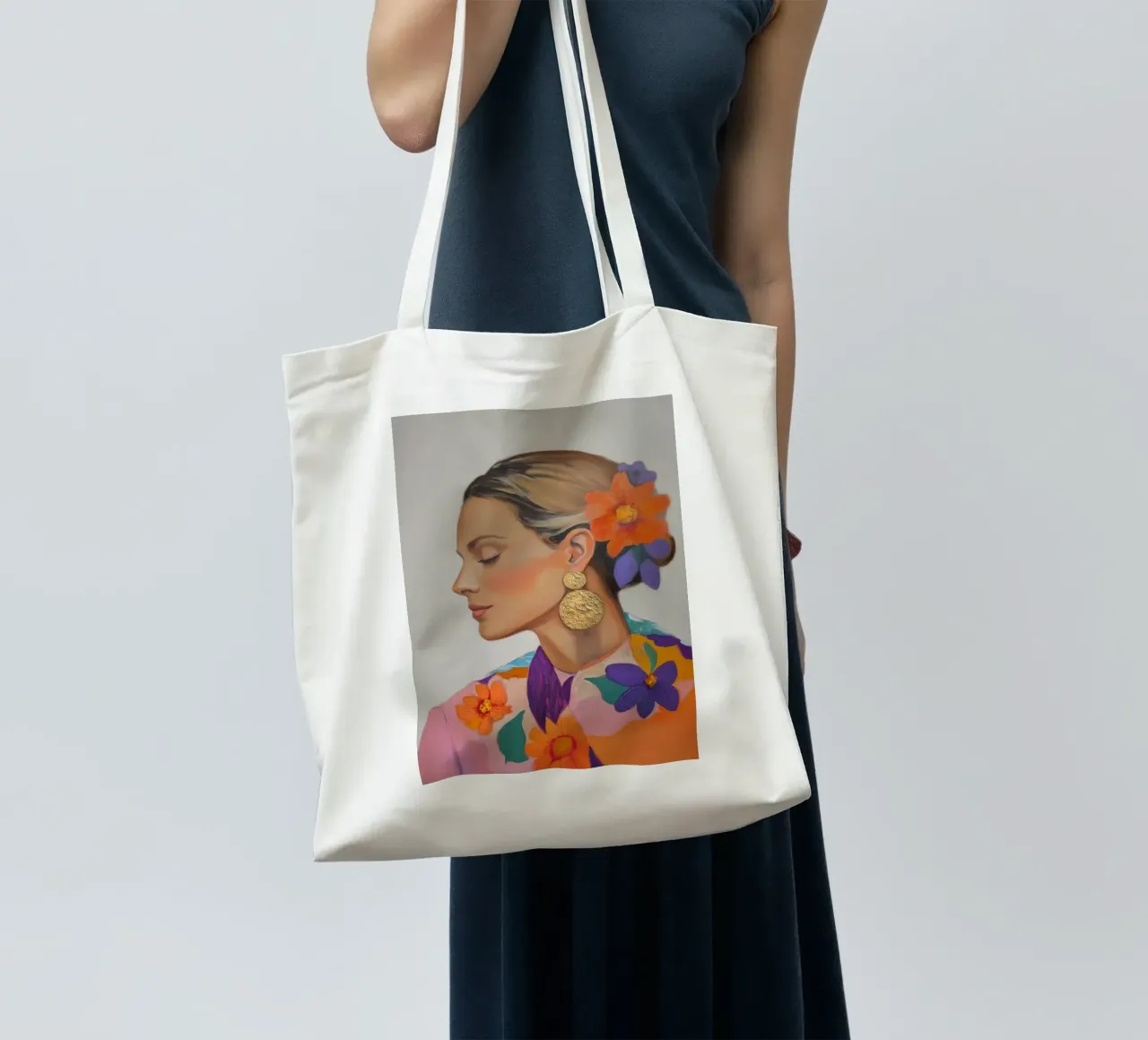 Women's portrait in the gold rush tote bag by Carinaprint