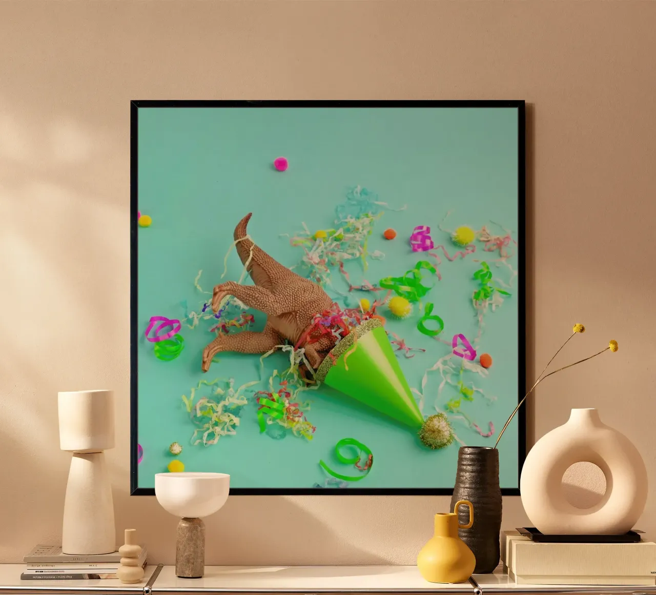Dinosaur Party poster con telaio in alluminio da Juj Winn