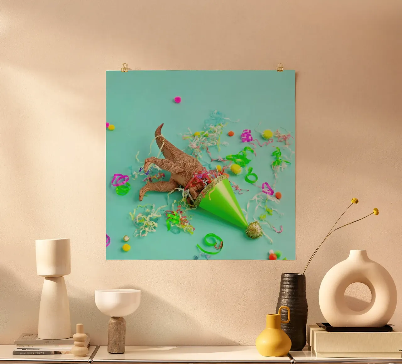 Dinosaur Party poster con telaio in alluminio da Juj Winn