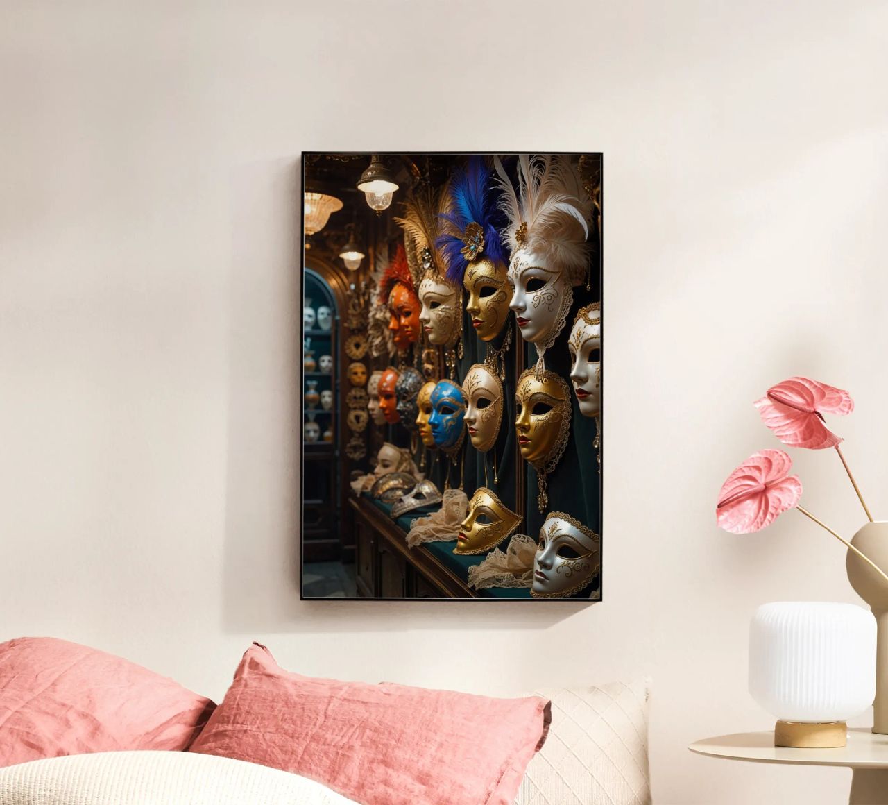 Golden Venetian Masks with Feathered Details Acryl-Glas von AlbertKlee