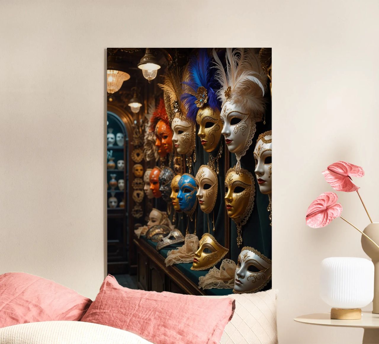 Golden Venetian Masks with Feathered Details Acryl-Glas von AlbertKlee