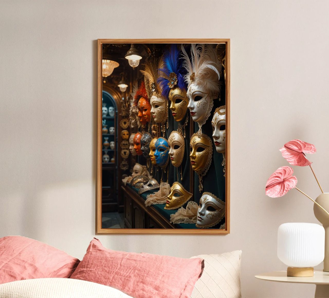 Golden Venetian Masks with Feathered Details Alu-Dibond von AlbertKlee