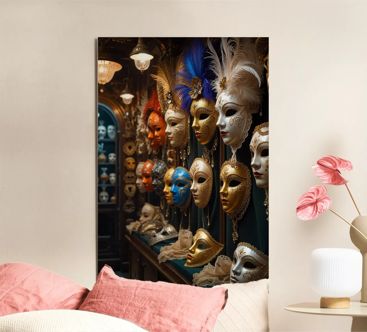 Golden Venetian Masks with Feathered Details alluminio dibond da AlbertKlee