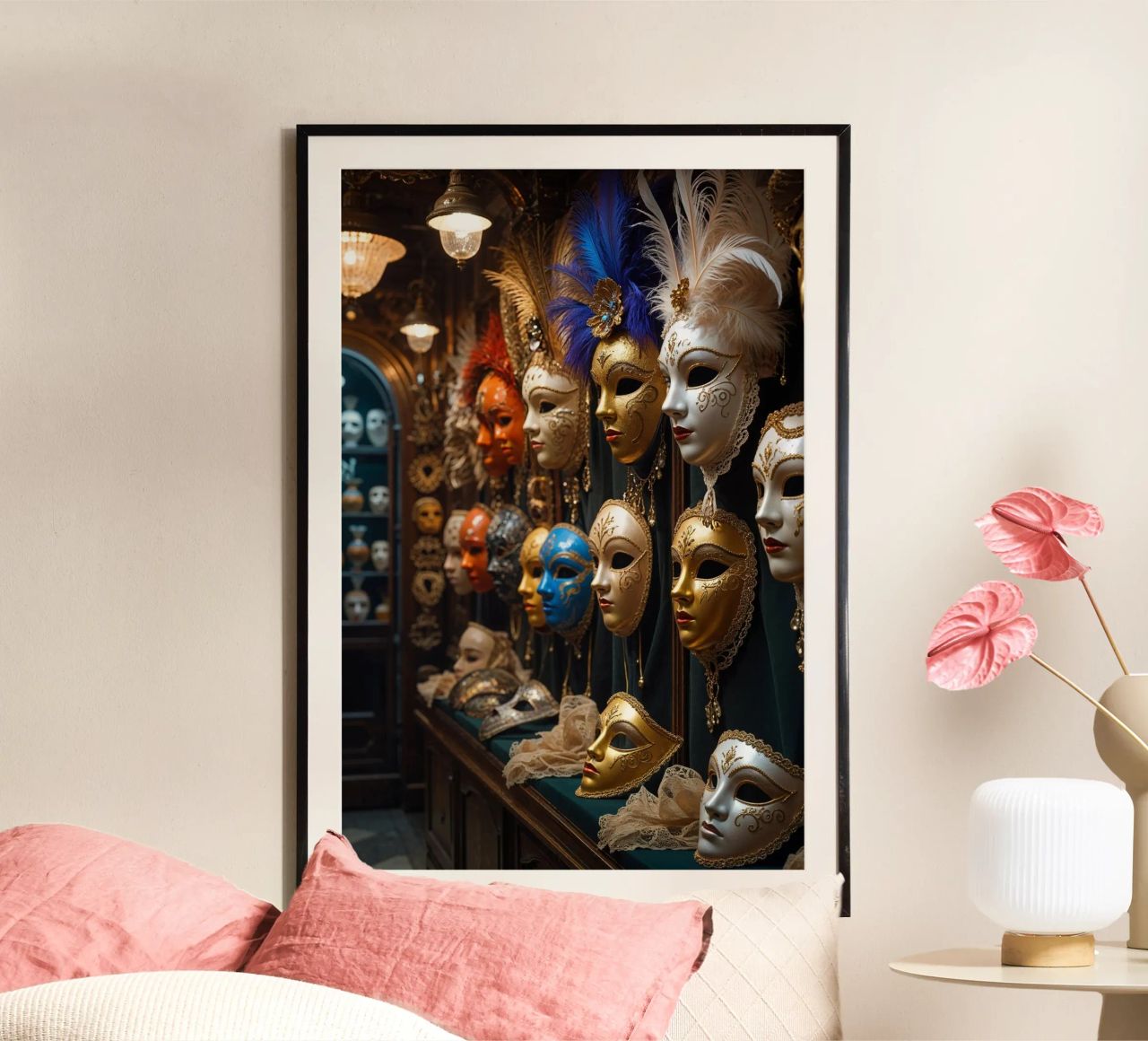 Golden Venetian Masks with Feathered Details Poster von AlbertKlee