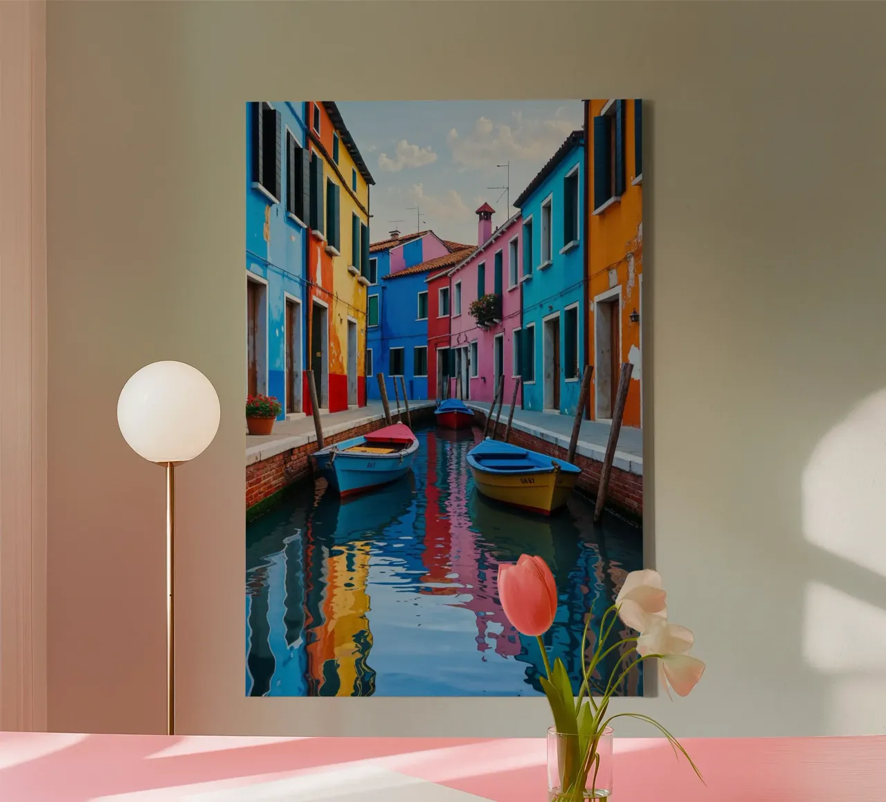 Burano’s Colorful Canal Reflections tela con Cornice a cassetta da AlbertKlee