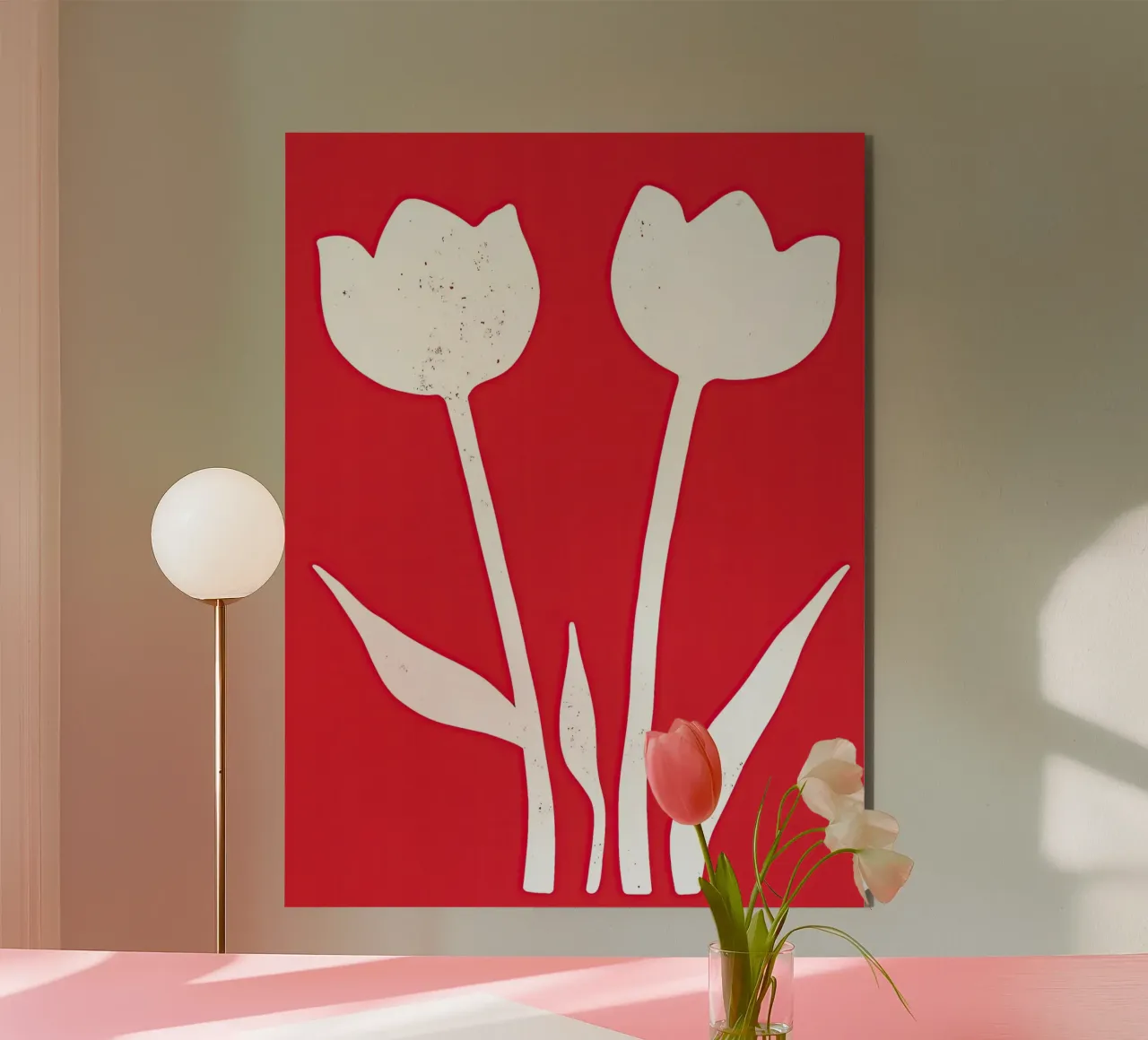 Tulipani bianchi su rosso | Design minimalista alluminio dibond da Autofocus