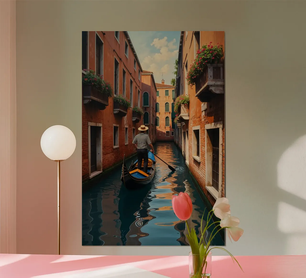 Gondolier Navigating a Narrow Venetian Canal poster con telaio in legno da AlbertKlee