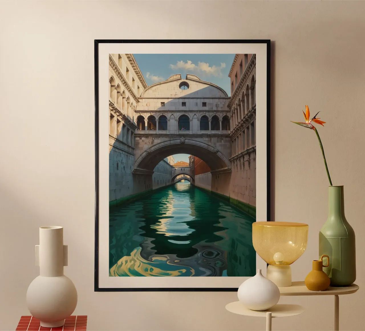 Sunlit Serenity at the Bridge of Sighs poster con telaio in legno da AlbertKlee