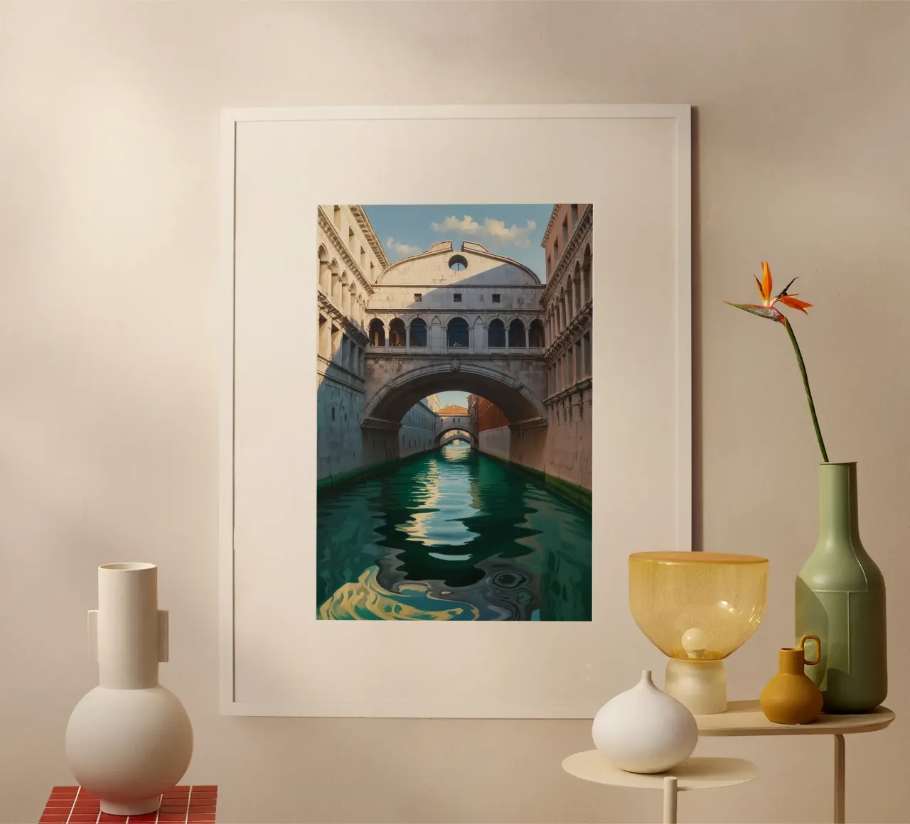 Sunlit Serenity at the Bridge of Sighs poster con telaio in legno da AlbertKlee