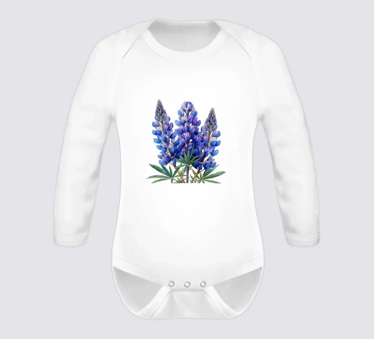 Lupine Flower 3 long-sleeve baby romper by Bold Blooms