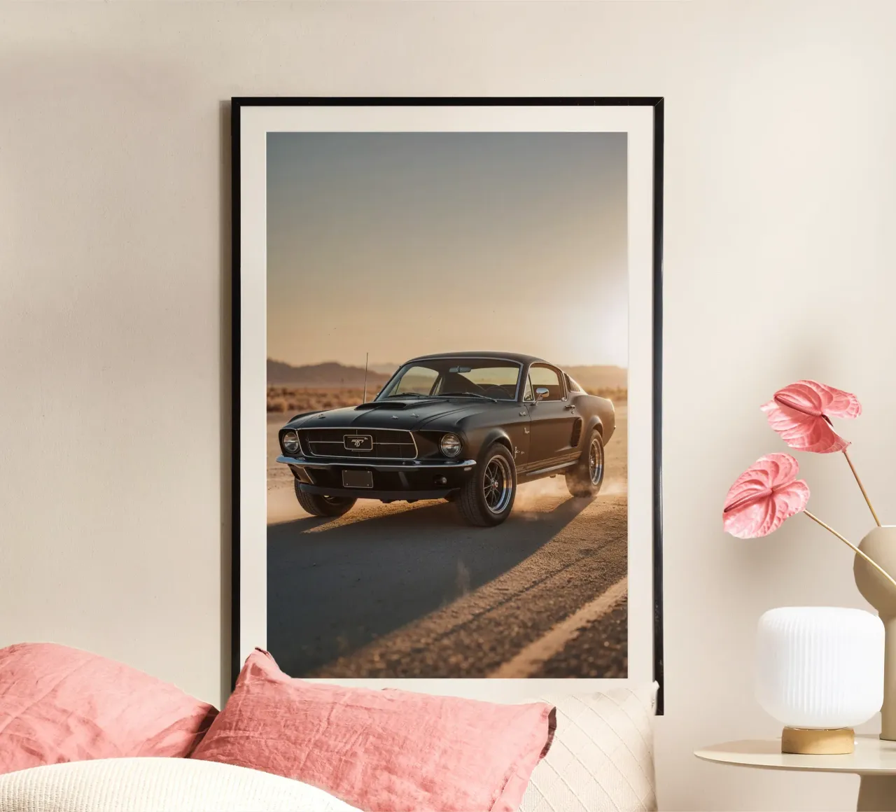 Matte Black 1967 Mustang in the Open Desert poster by AlbertKlee