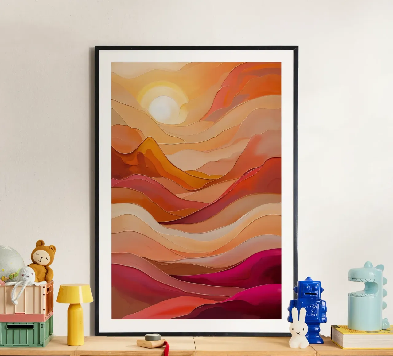 Golden Sunset Waves – Textured Abstract Art poster con telaio in plastica da AlbertKlee