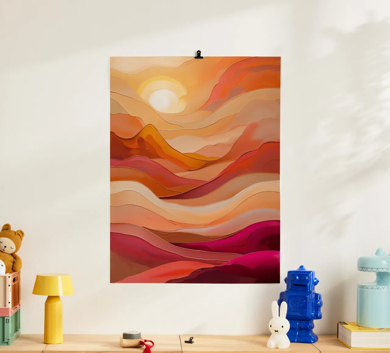 Golden Sunset Waves – Textured Abstract Art poster con telaio in plastica da AlbertKlee