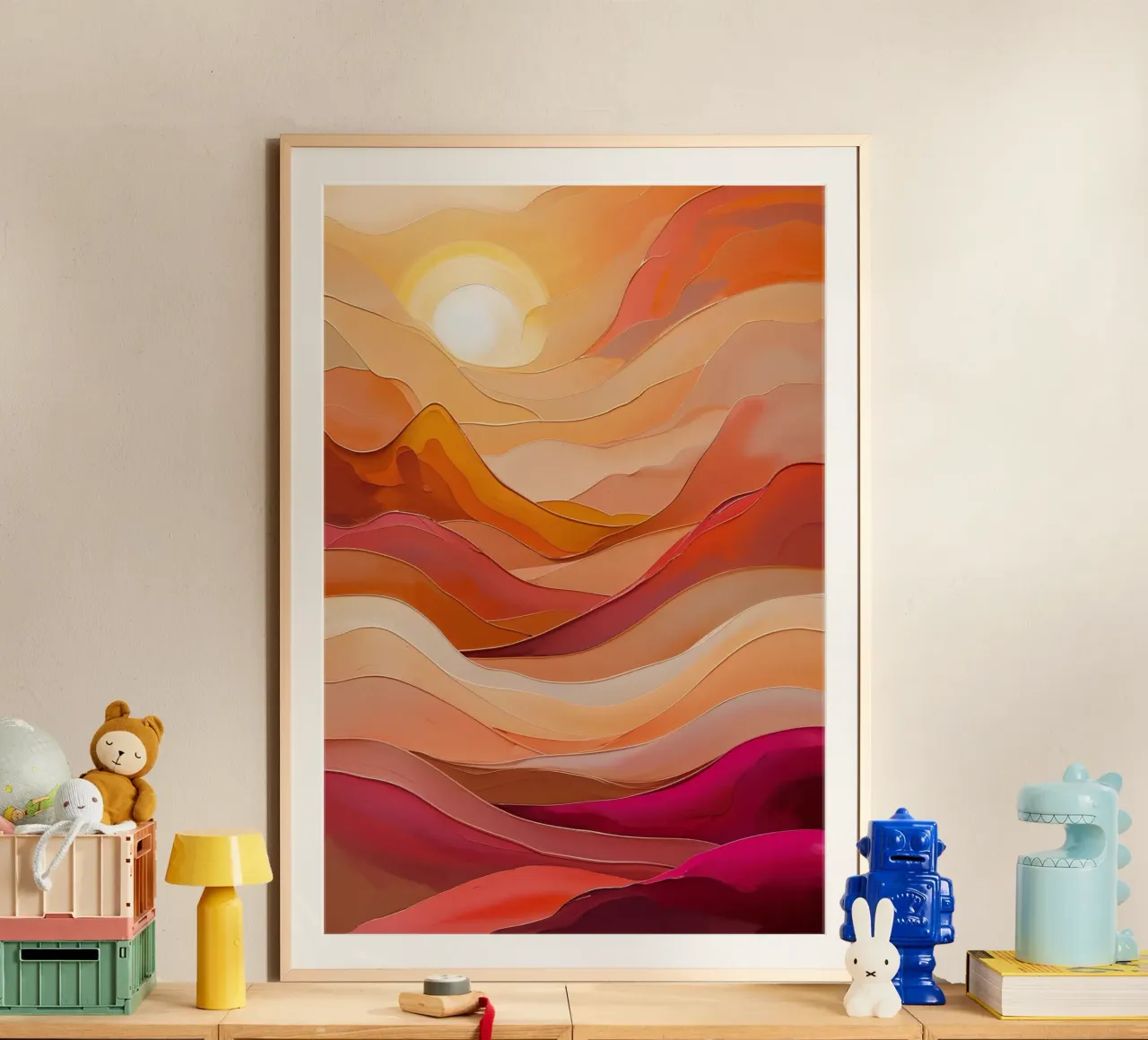 Golden Sunset Waves – Textured Abstract Art poster con telaio in plastica da AlbertKlee