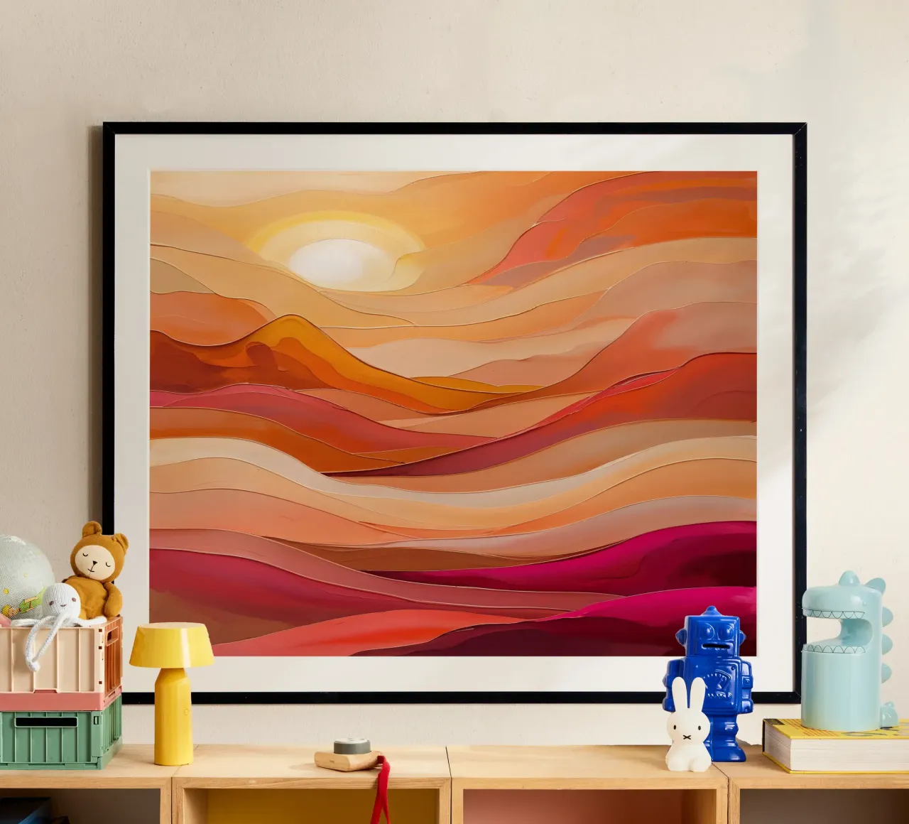 Golden Sunset Waves – Textured Abstract Art poster con telaio in plastica da AlbertKlee