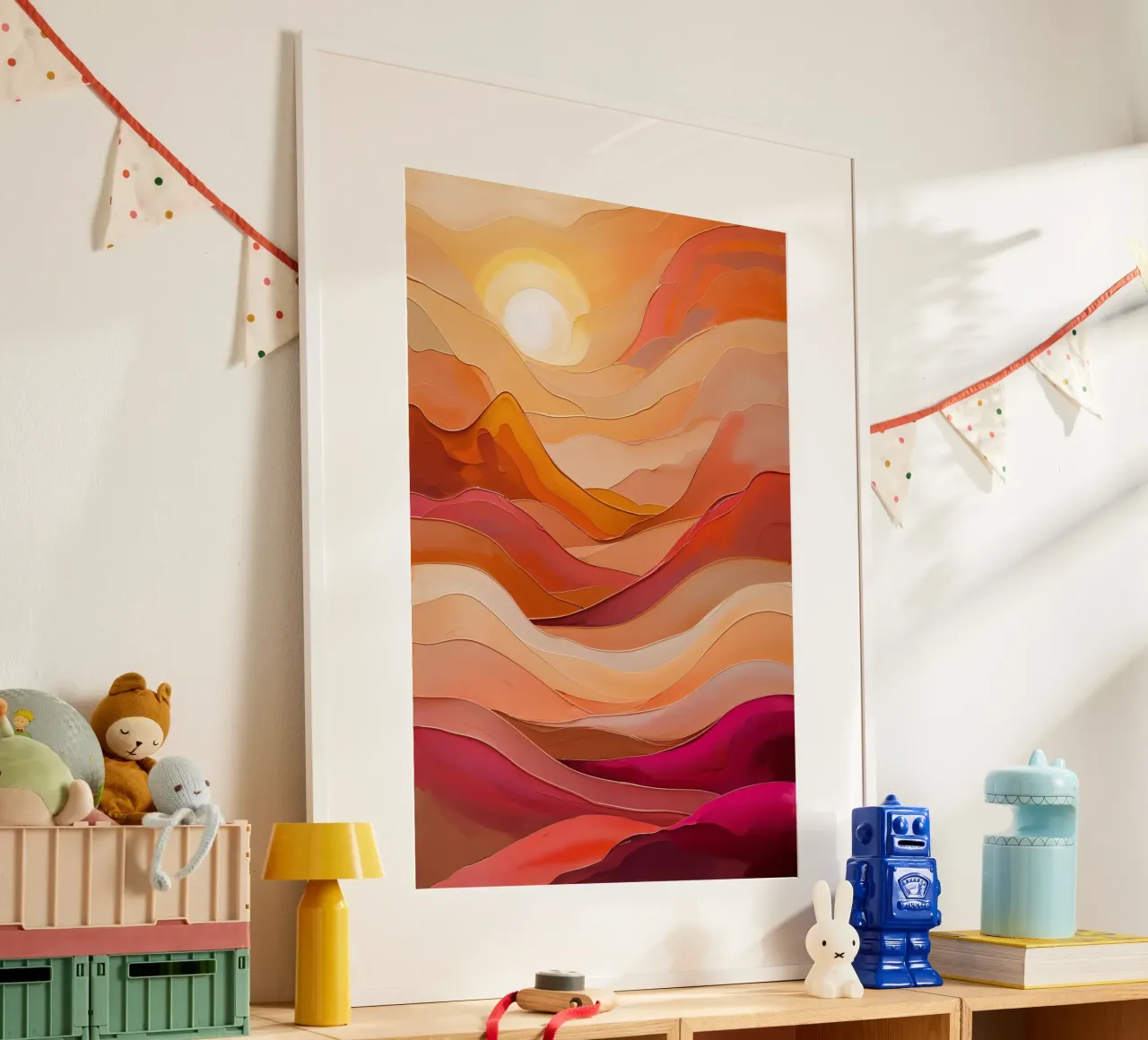Golden Sunset Waves – Textured Abstract Art poster con telaio in plastica da AlbertKlee
