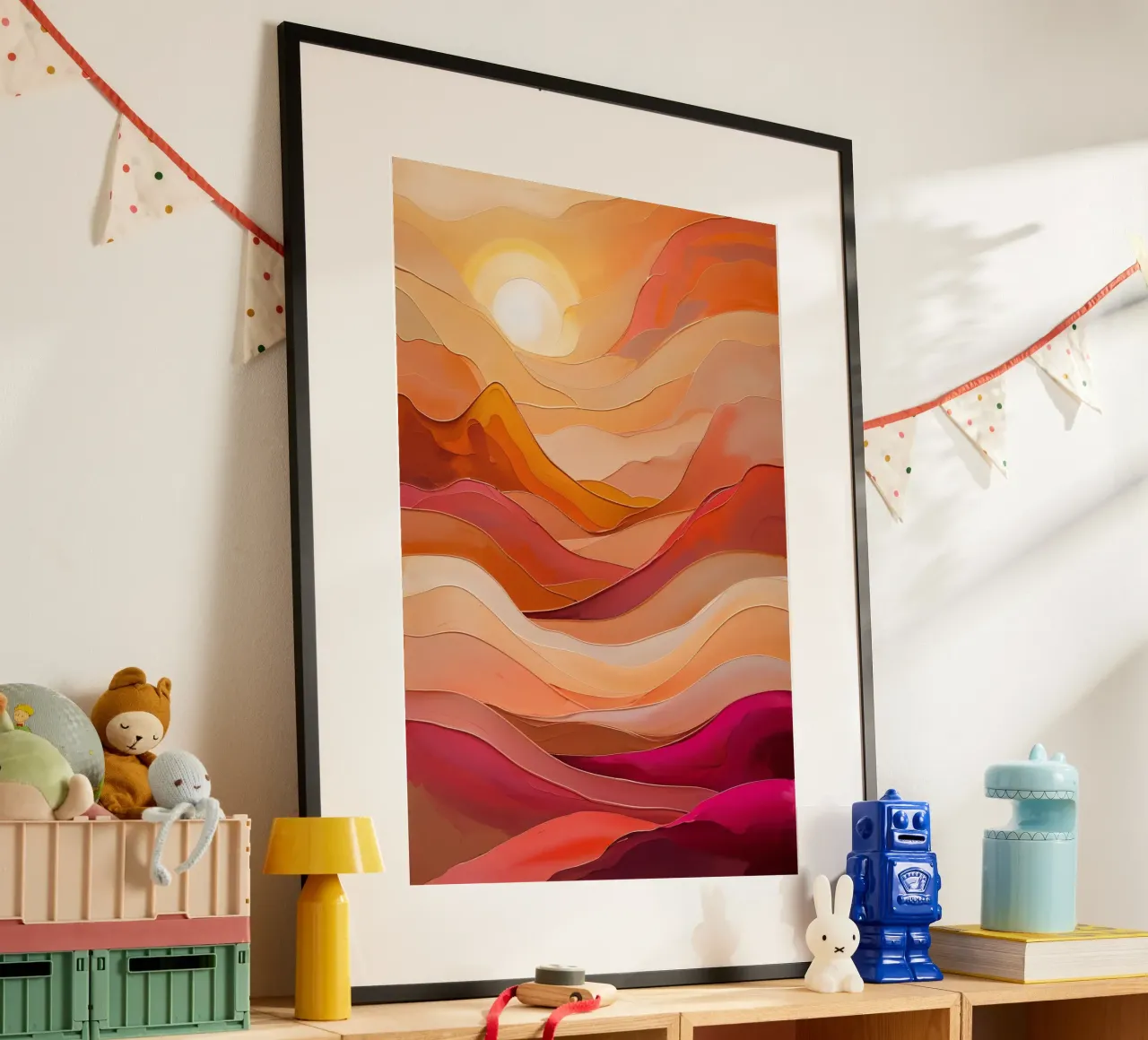 Golden Sunset Waves – Textured Abstract Art poster con telaio in plastica da AlbertKlee