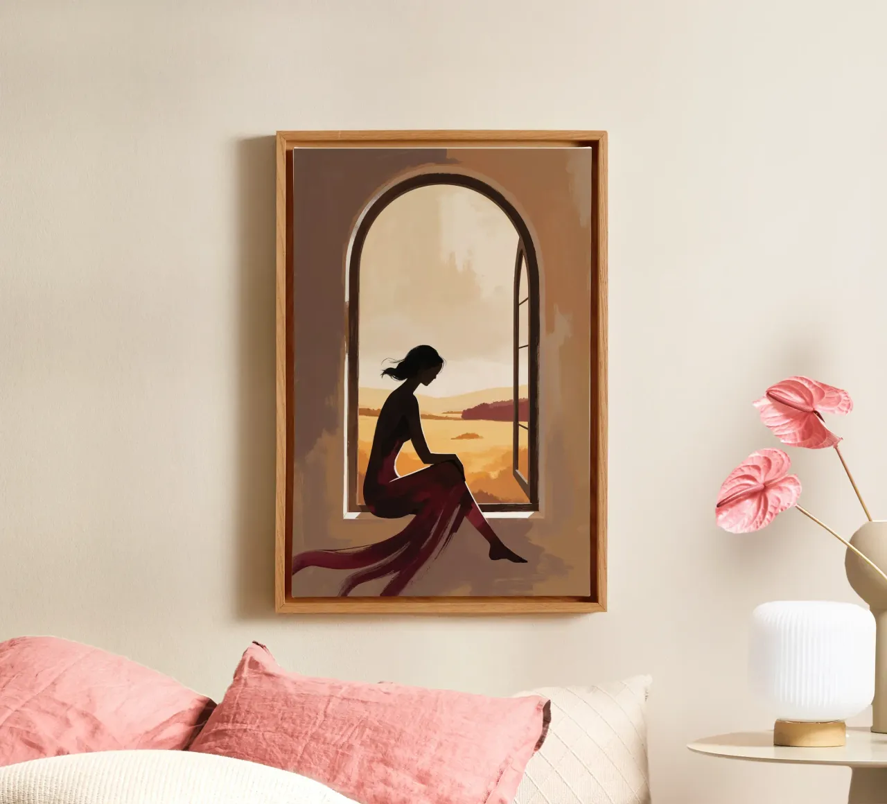 Silhouette of a Woman in a Golden Window tela con Cornice a cassetta da AlbertKlee