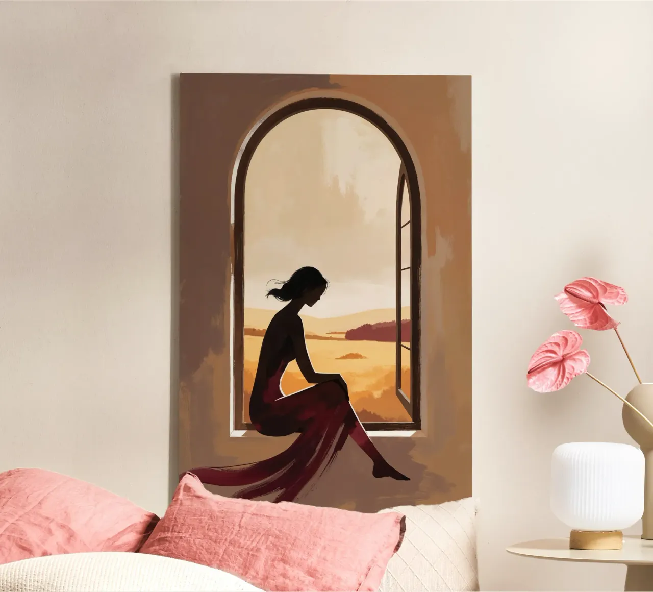 Silhouette of a Woman in a Golden Window tela con Cornice a cassetta da AlbertKlee