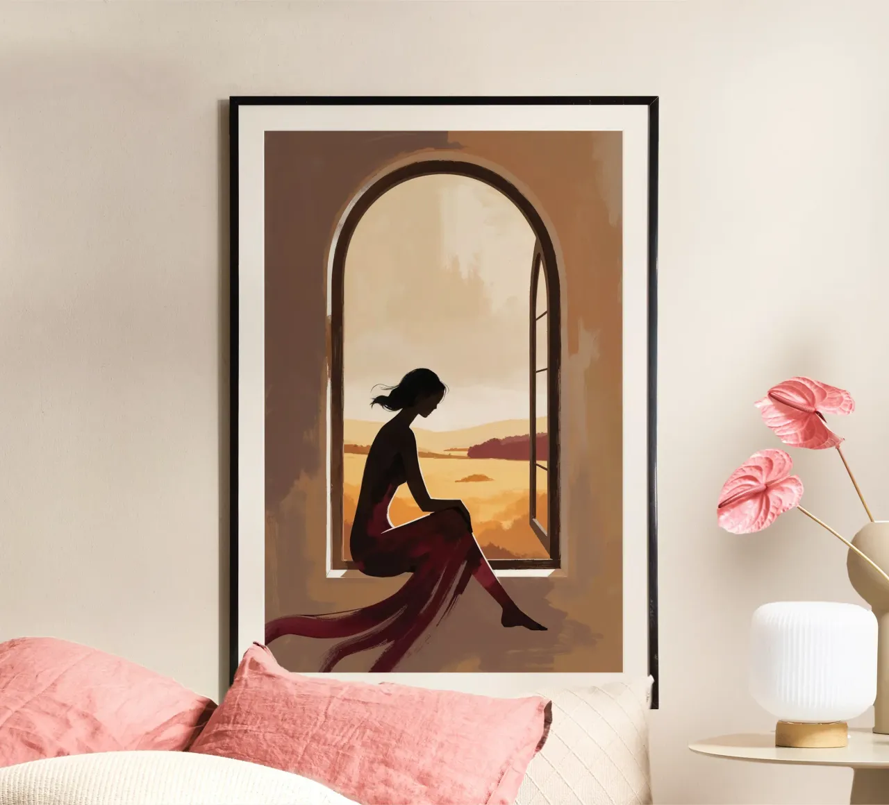 Silhouette of a Woman in a Golden Window poster with aluminum frame by AlbertKlee