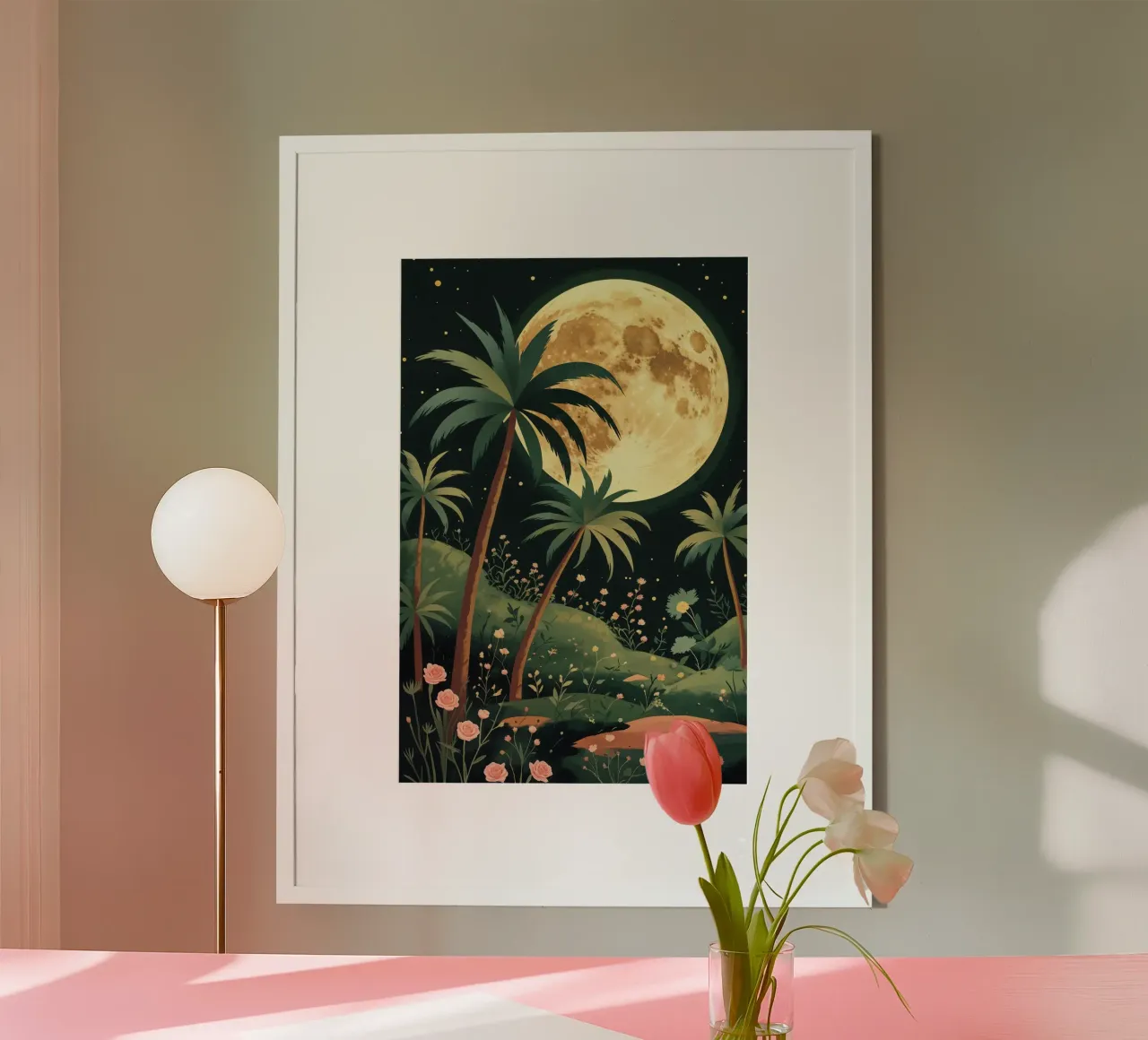 Moonlit Oasis with Palm Trees carta hahnemühle da AlbertKlee