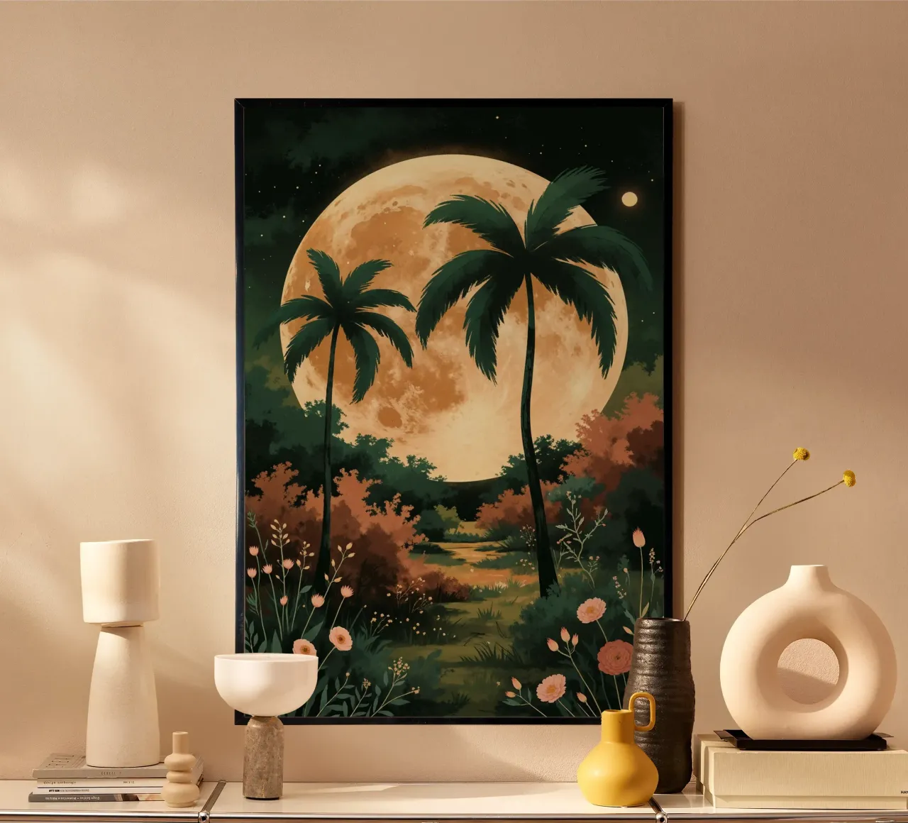 Golden Moon Over a Verdant Meadow poster con telaio in plastica da AlbertKlee