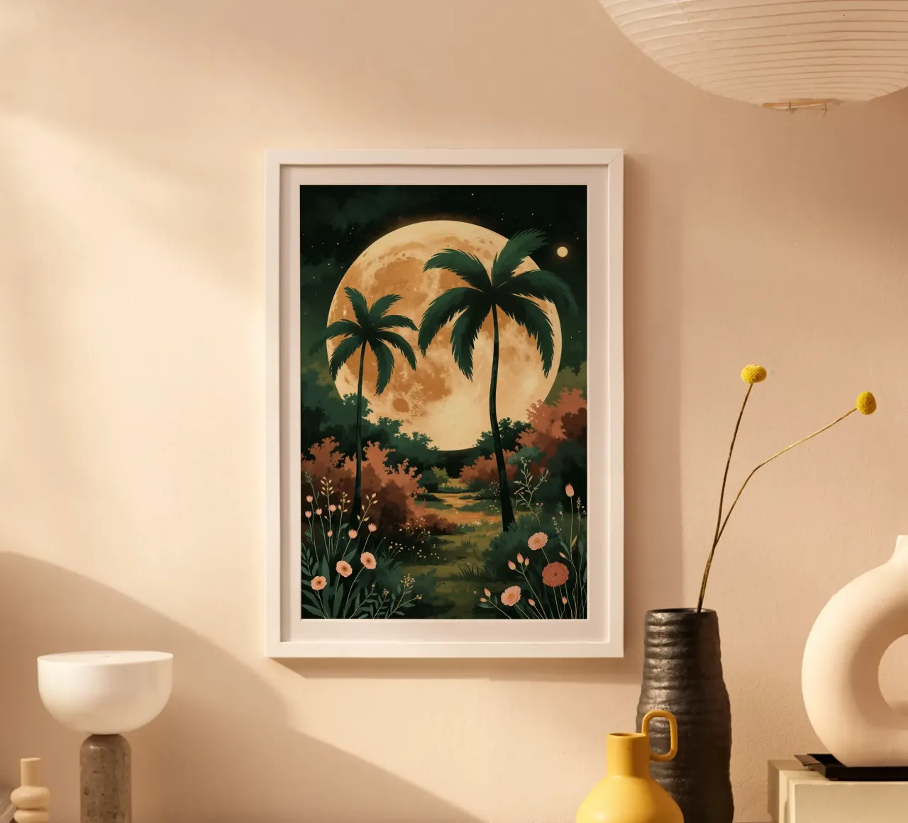 Golden Moon Over a Verdant Meadow poster con telaio in plastica da AlbertKlee