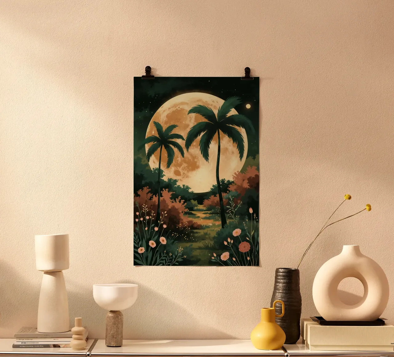 Golden Moon Over a Verdant Meadow poster con telaio in plastica da AlbertKlee