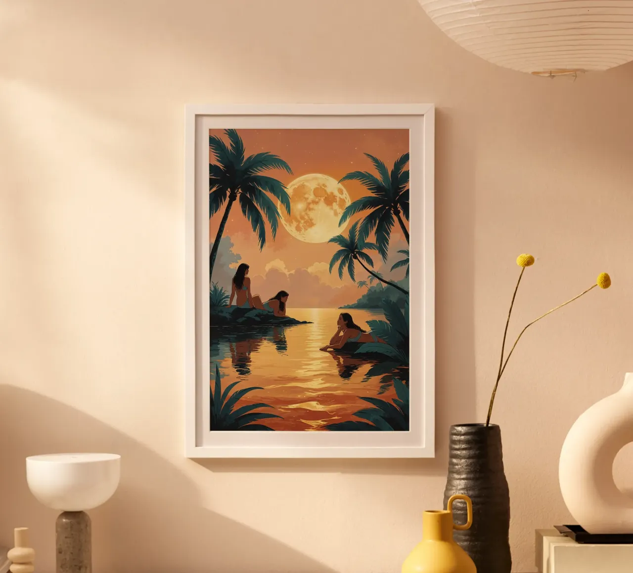 Moonlit Serenity with Women by the Water poster con telaio in plastica da AlbertKlee