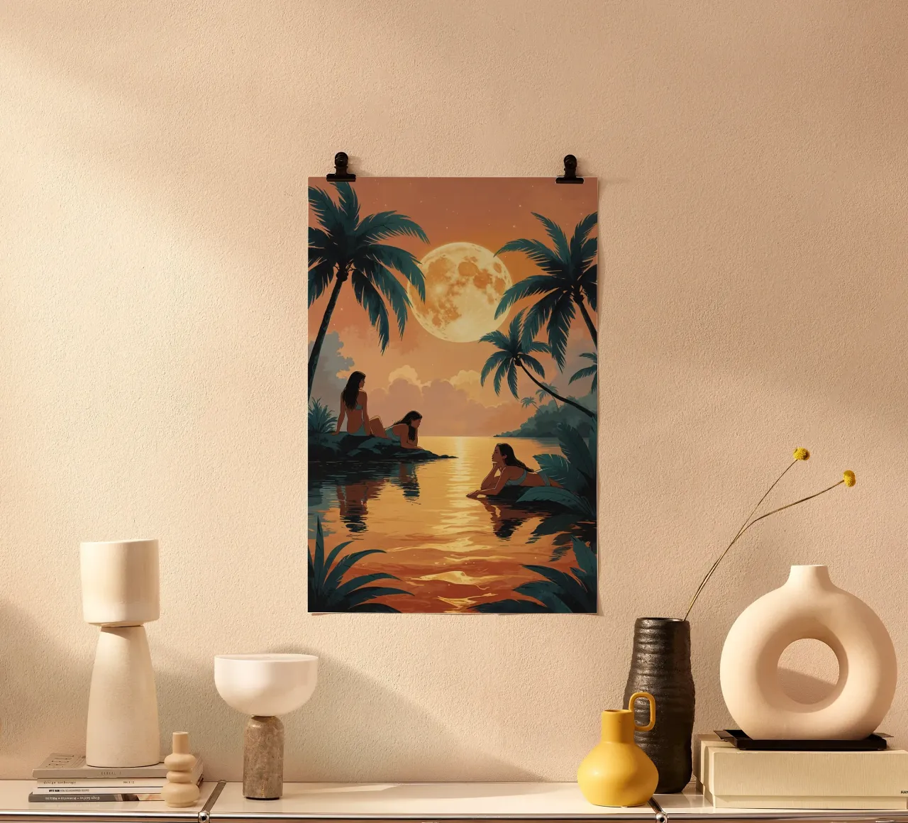 Moonlit Serenity with Women by the Water poster con telaio in plastica da AlbertKlee