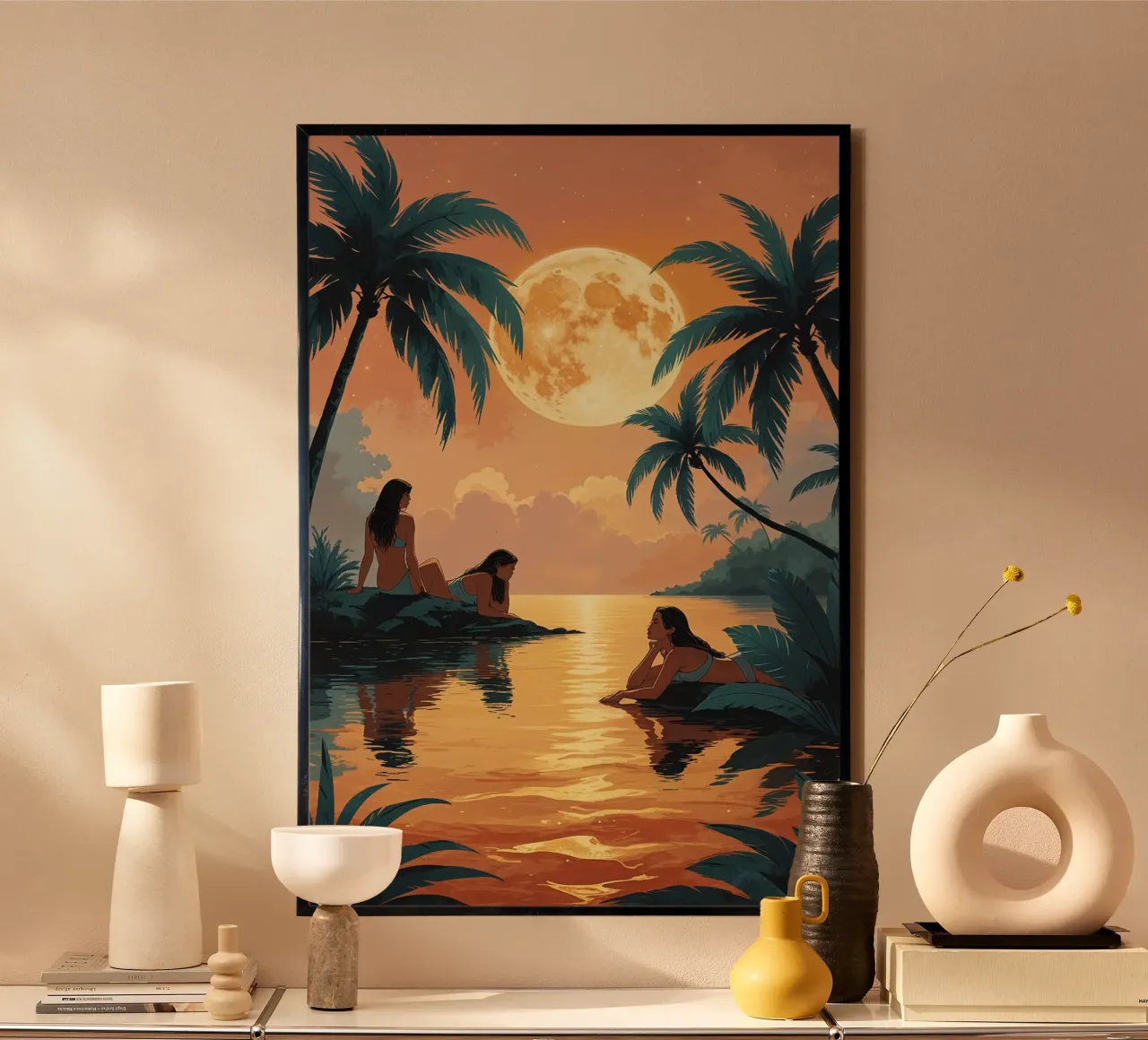 Moonlit Serenity with Women by the Water poster con telaio in plastica da AlbertKlee