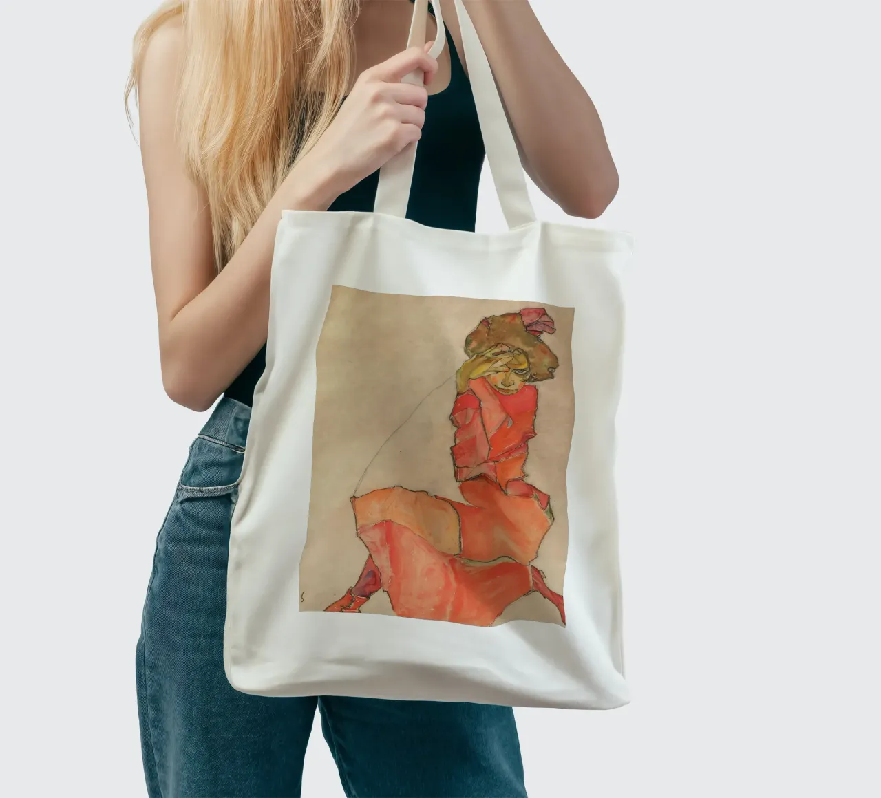 Egon Schiele - Donna inginocchiata in abito rosso-arancio borsa in juta da Timeless Artworks
