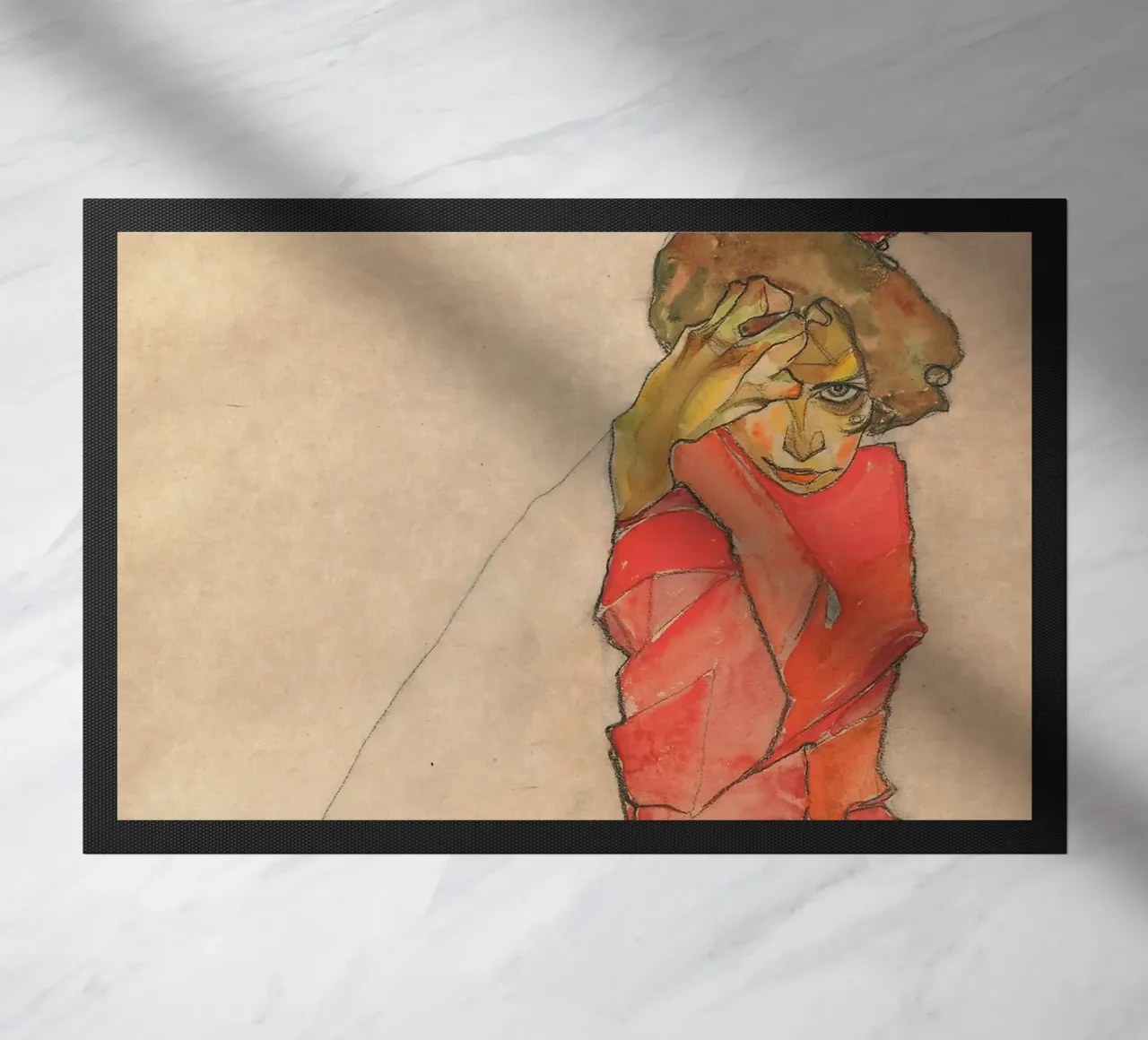 Egon Schiele - Donna inginocchiata in abito rosso-arancio zerbino da Timeless Artworks