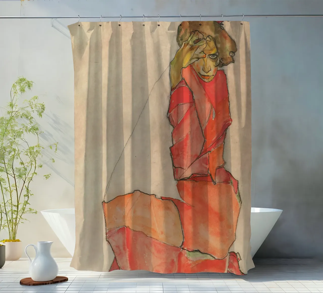 Egon Schiele - Donna inginocchiata in abito rosso-arancio tenda da doccia da Timeless Artworks