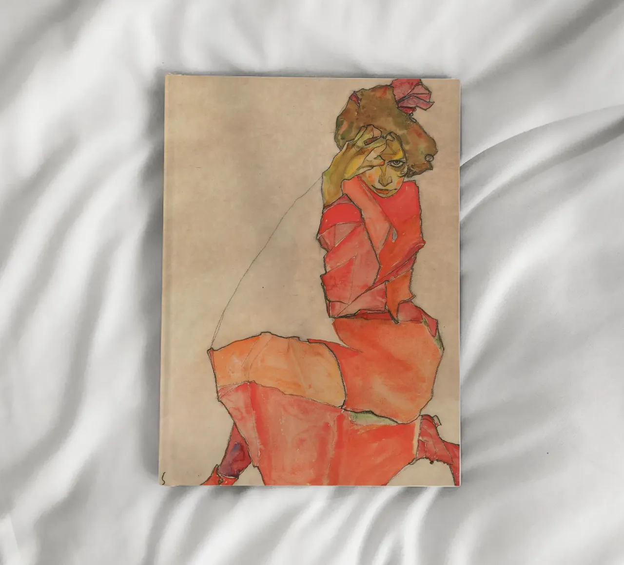 Egon Schiele - Donna inginocchiata in abito rosso-arancio diario da Timeless Artworks