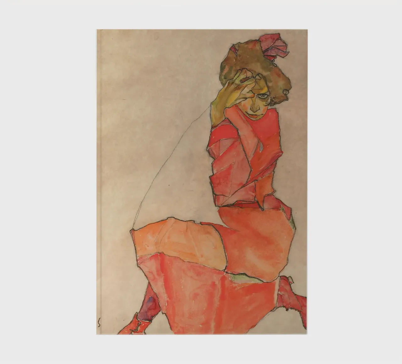 Egon Schiele - Donna inginocchiata in abito rosso-arancio diario da Timeless Artworks
