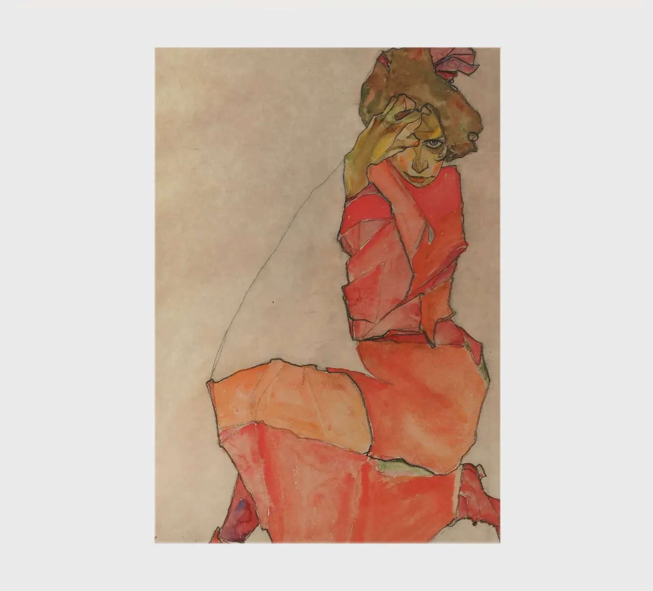Egon Schiele - Donna inginocchiata in abito rosso-arancio diario da Timeless Artworks