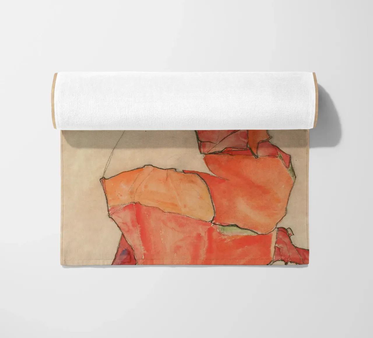 Egon Schiele - Donna inginocchiata in abito rosso-arancio telo mare da Timeless Artworks