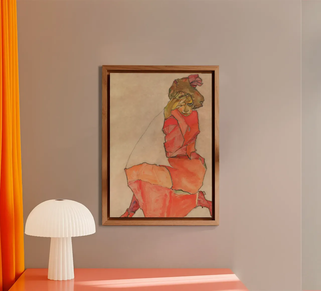Egon Schiele - Donna inginocchiata in abito rosso-arancio alluminio dibond da Timeless Artworks
