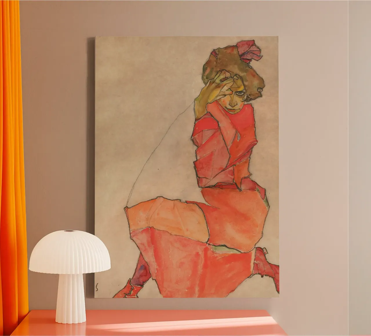 Egon Schiele - Donna inginocchiata in abito rosso-arancio tela da Timeless Artworks