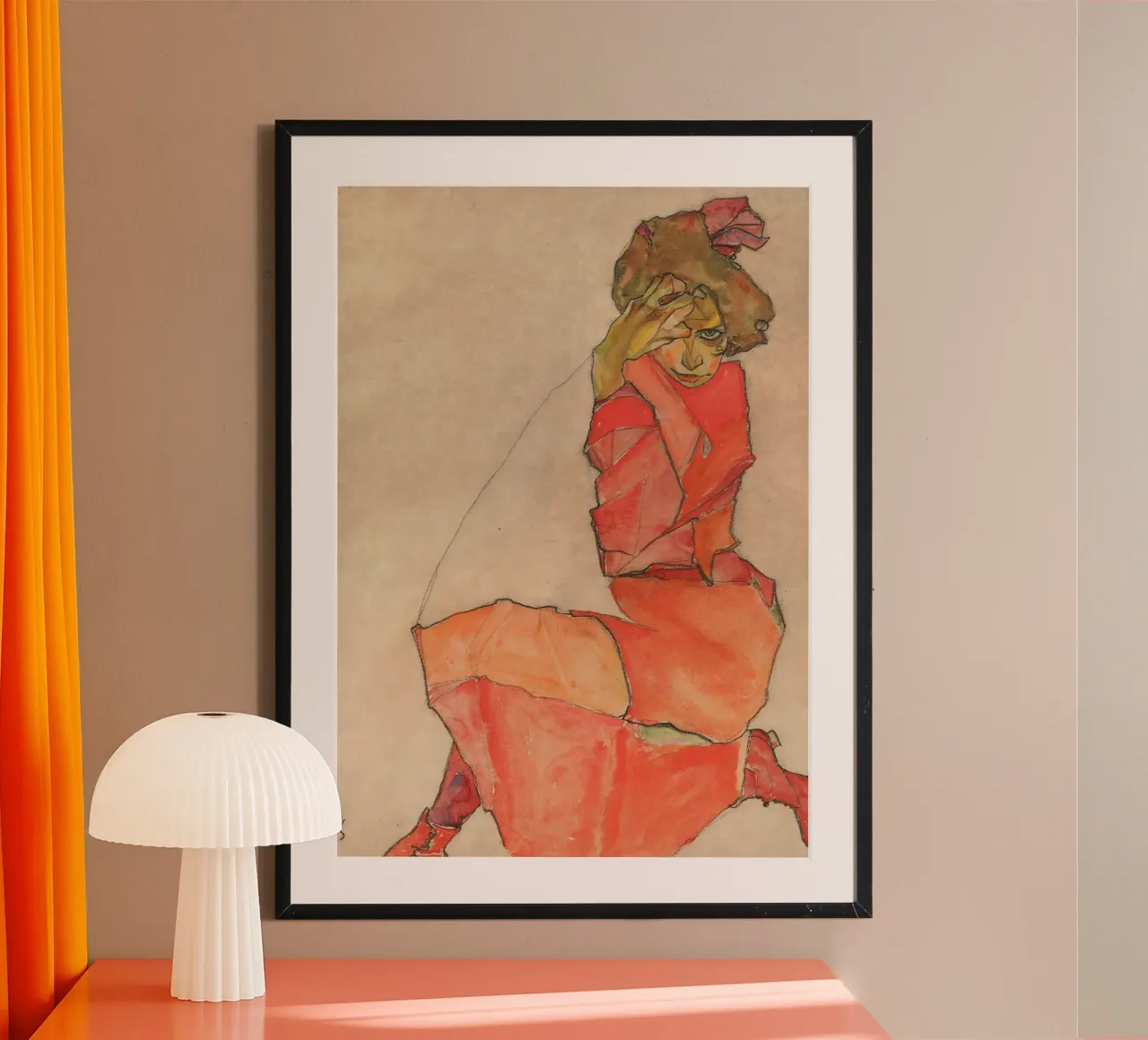 Egon Schiele - Donna inginocchiata in abito rosso-arancio carta hahnemühle da Timeless Artworks