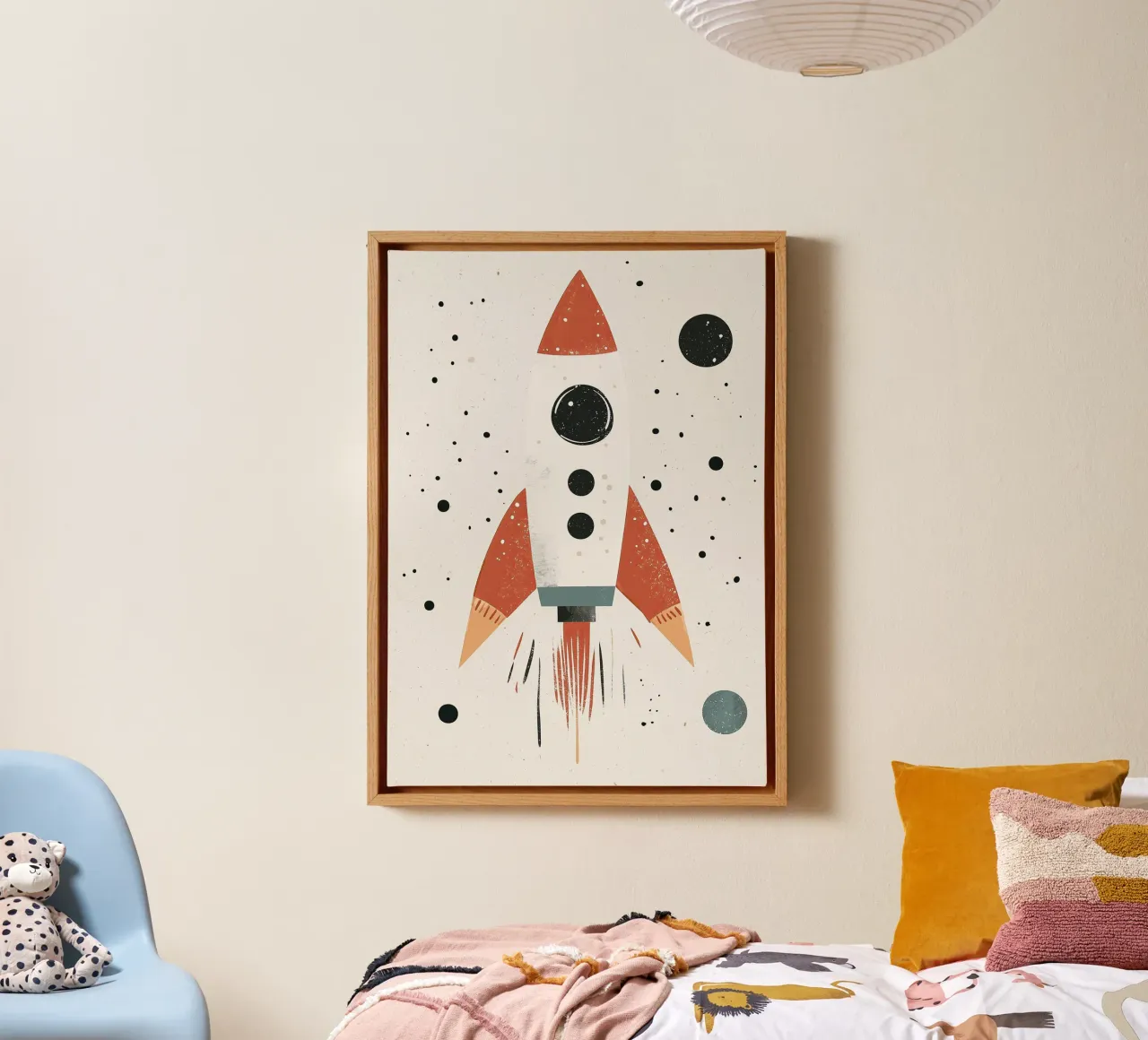 Rocket in Space, Boys Nursery Print, Playroom Decor, Planets canvas with Floater frame by Little Lola