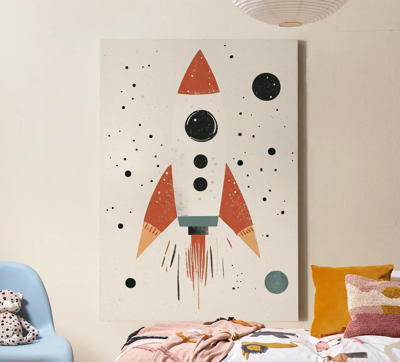 Rocket in Space, Boys Nursery Print, Playroom Decor, Planets canvas with Floater frame by Little Lola