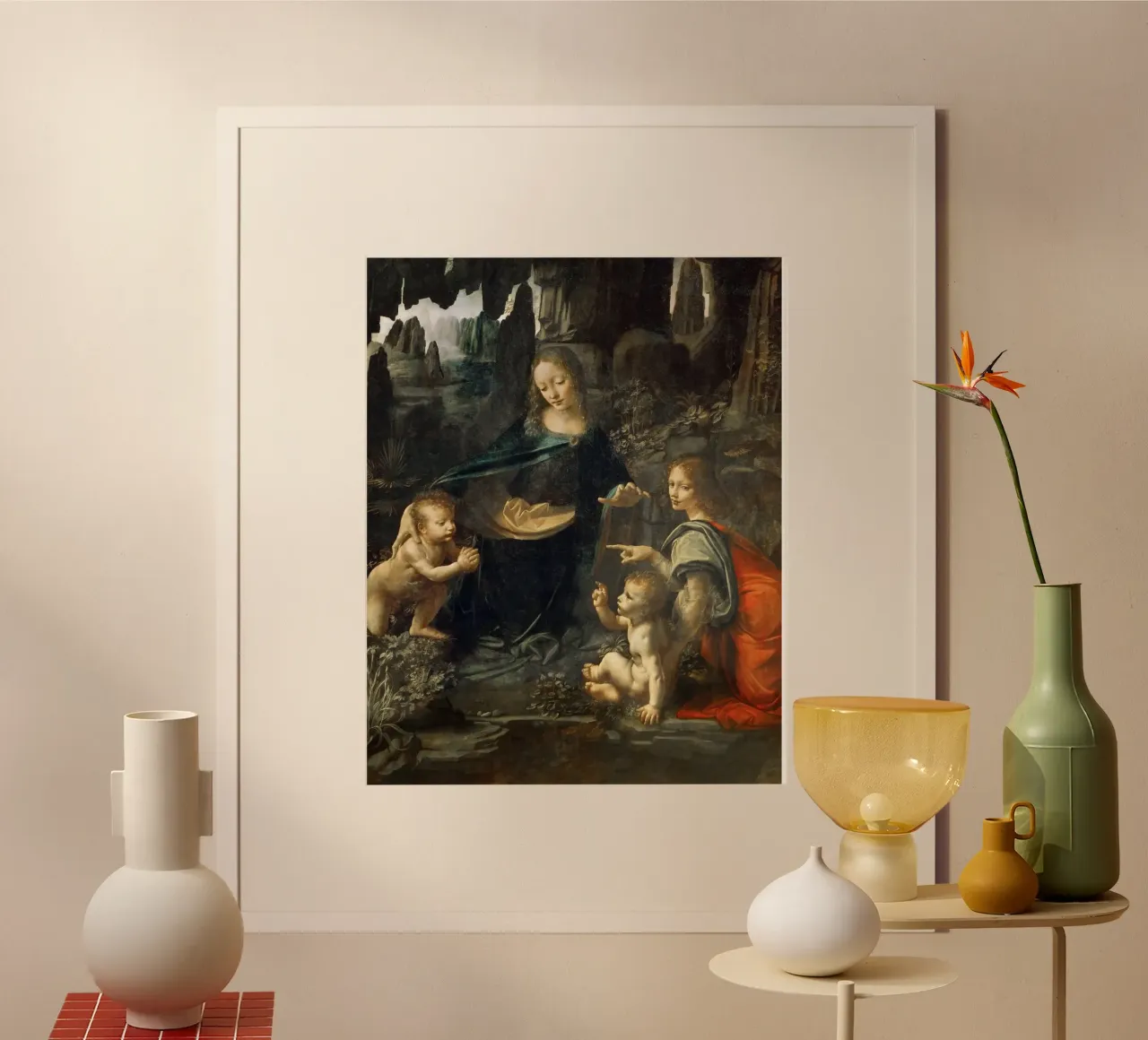 Leonardo da Vinci - De Maagd van de Rotsen (Louvre) poster van Timeless Artworks