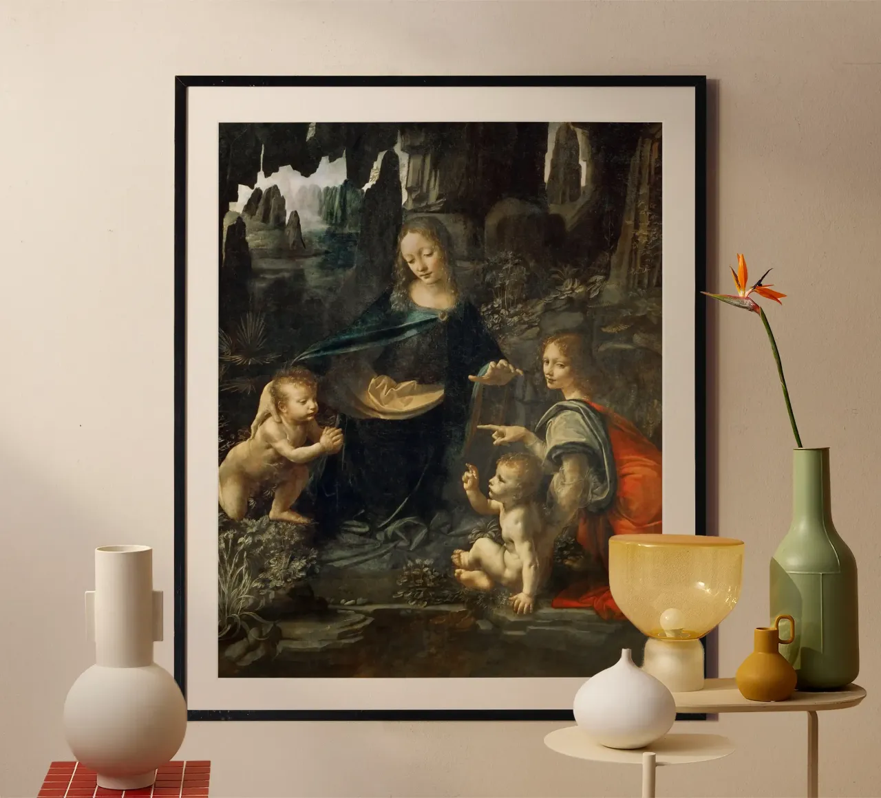Leonardo da Vinci - De Maagd van de Rotsen (Louvre) poster van Timeless Artworks