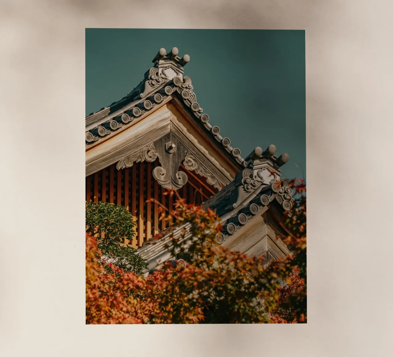 Tetti giapponesi a tempio in autunno pellicola backlit da Marcel Bisig