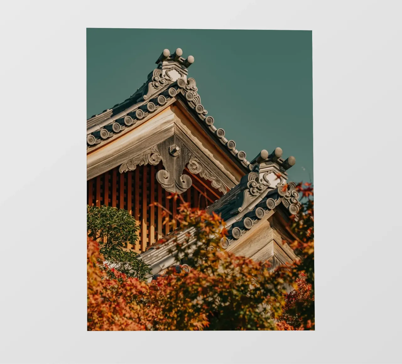 Tetti giapponesi a tempio in autunno pellicola backlit da Marcel Bisig