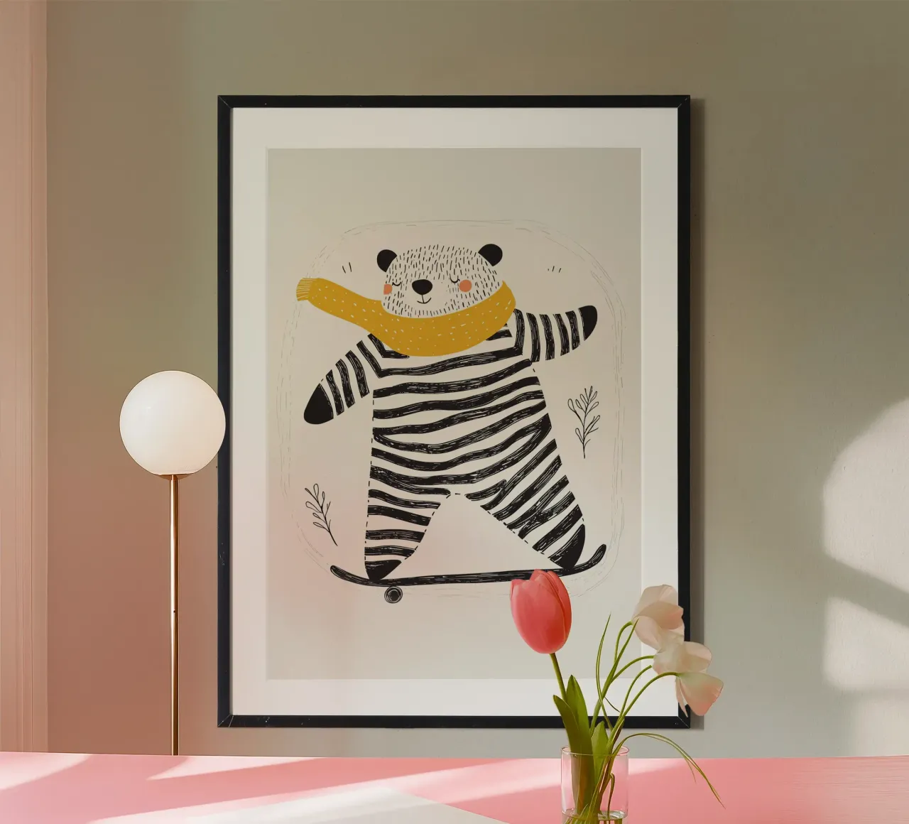 Poster nordico per la cameretta, stampa moderna per bambini, orso che va sullo skateboard poster con telaio in plastica da Little Lola