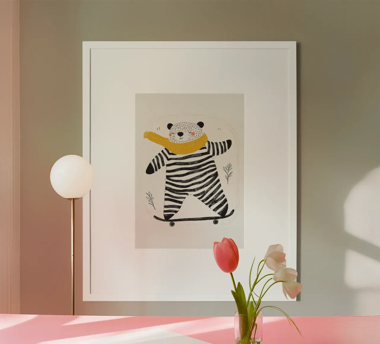 Poster nordico per la cameretta, stampa moderna per bambini, orso che va sullo skateboard poster con telaio in plastica da Little Lola